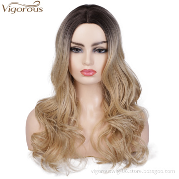 Vigorous Cheap Long Ombre Blonde Wavy Middle Part Wig For Black Women Heat Resistant Synthetic Hair Wigs